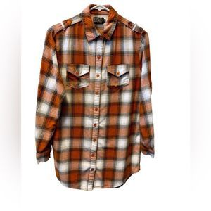 Blue Age , flannel , orange , white , black , size medium